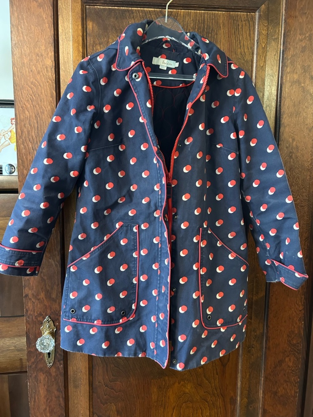 Boden Navy Jacket with Red and White Polka Dot Print